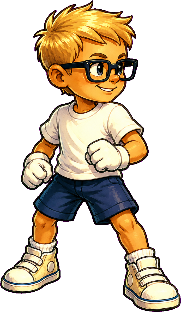Alex, a smiling illustrated boy with glasses, ready for an adventure