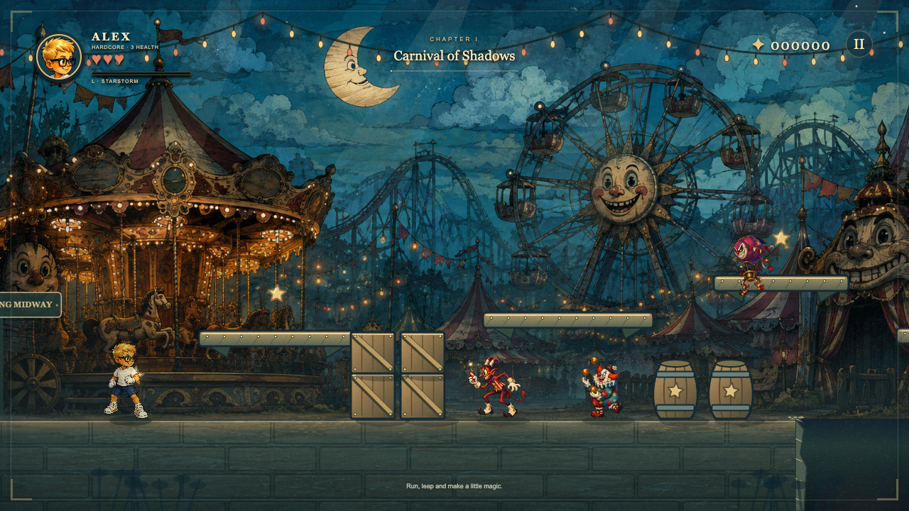 Alex faces cartoon villains beneath a moonlit carnival and Ferris wheel