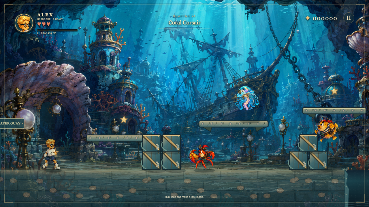 A glowing underwater chapter with coral, sunken ships and sea creatures
