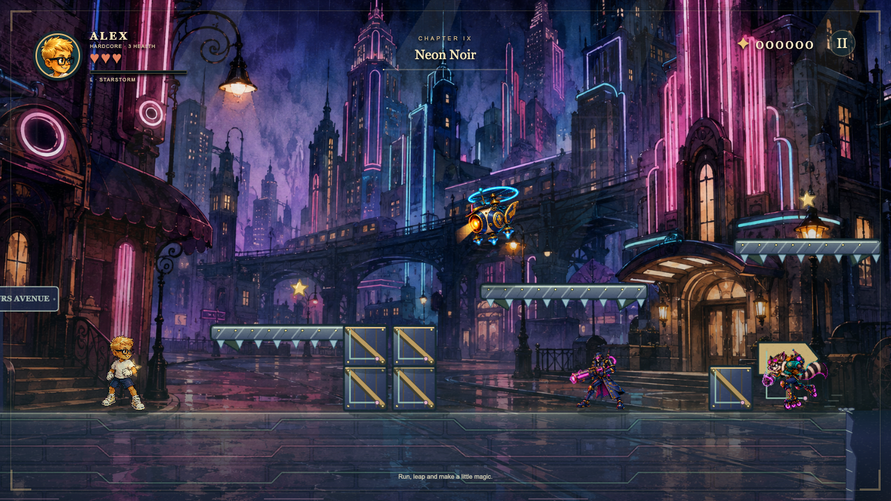 Alex explores a richly illustrated neon city with mechanical villains
